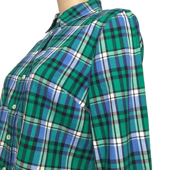 TALBOTS Button Down Shirt Cotton Long Sleeve Plaid Blue White Green Size MP - Picture 4 of 11